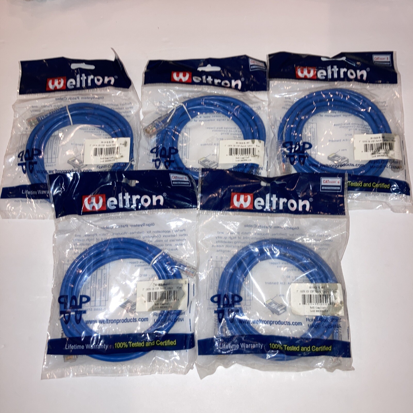 5-Qty Weltron Cat 6 Patch Cable 90-C6CB-BL-007 Blue 7 FT Clear Boot Gold RJ-45