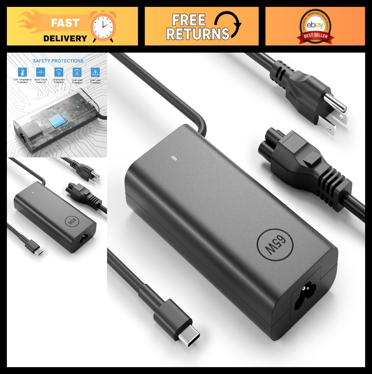 65W USB-C Laptop Charger for Dell Inspiron & Latitude 2-in-1 Models, Fast Chargi
