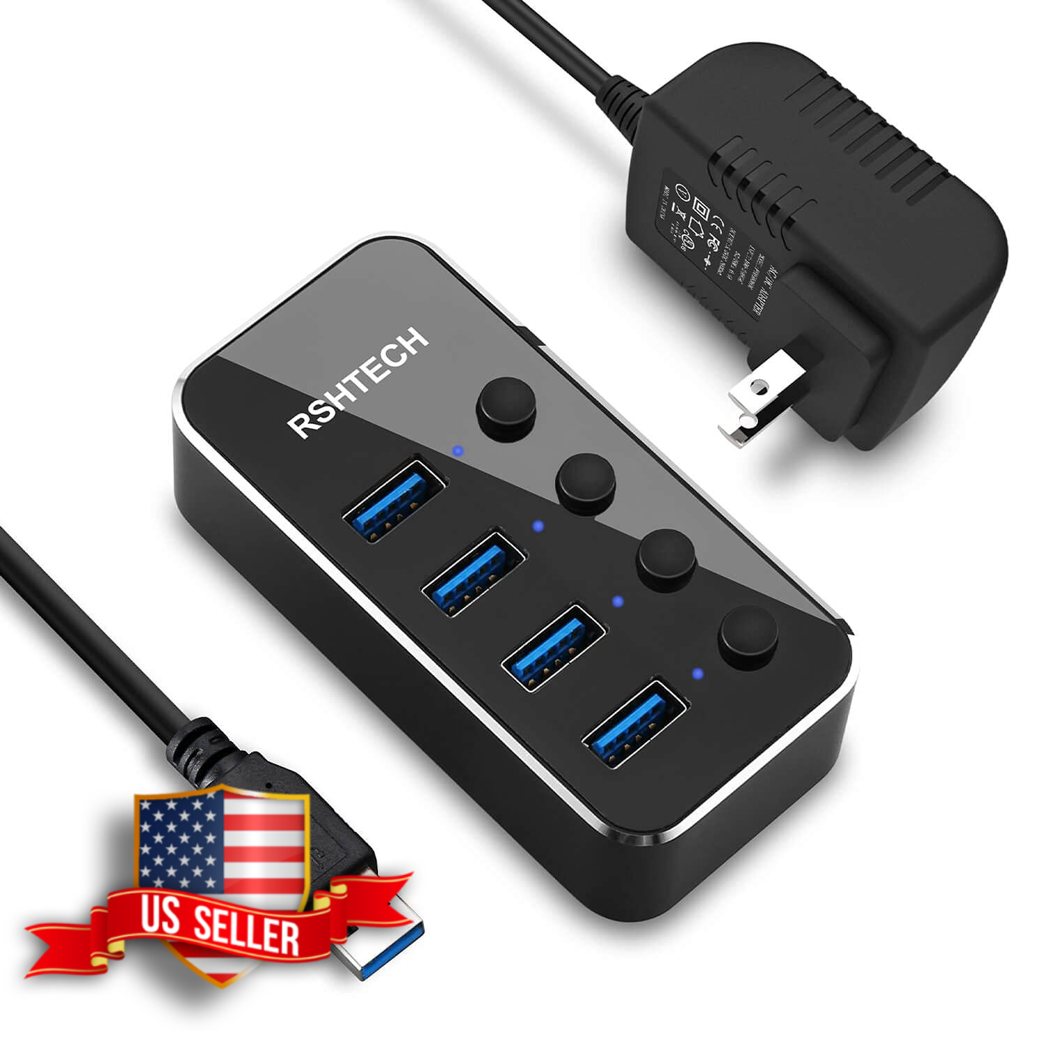 RSHTECH 4 Port USB 3.0 Hub with Individual On/Off Switch and Adapter