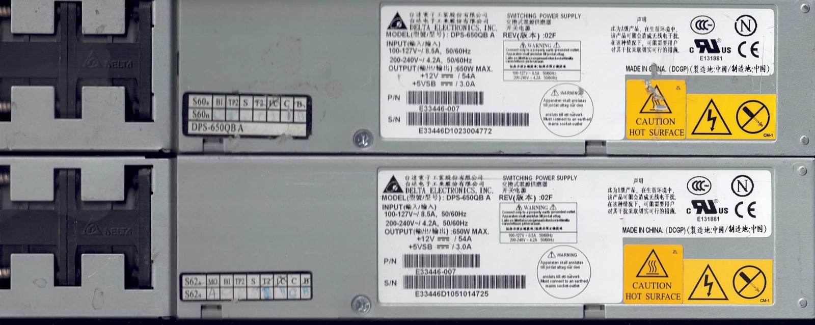 Lot of 2 Delta DPS-650QB A 650W Hot Swap Server Power Supply Intel E33446-007