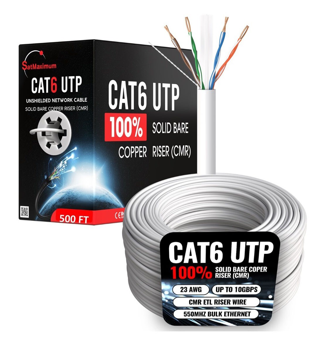 500FT/1000FT CAT6 ETL CMR Ethernet Cable UTP Solid Copper Wire 23AWG 550MHz LOT