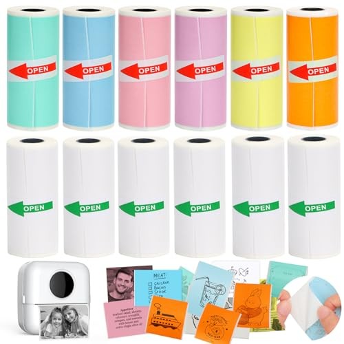 12 Rolls Mini Printer white and colorful 6 rolls white + 6 rolls colored paper