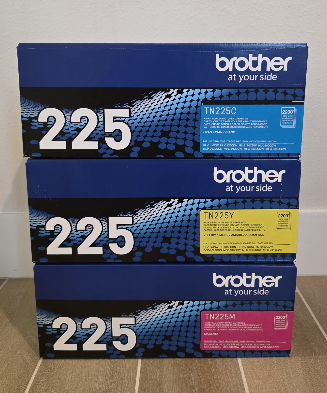 Brother CMY TN-225C, TN-225M, & TN-225Y High Yield Toner - Genuine OEM, SEALED