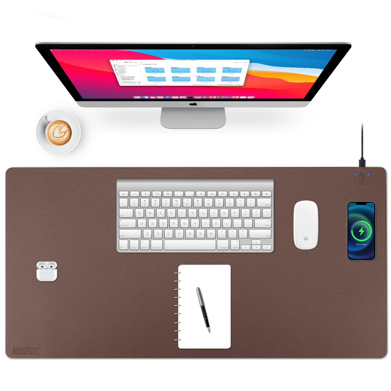 ACOOFCGOU Wireless Charging Desk Mat Mouse Pad Brown-R 36x17 inch