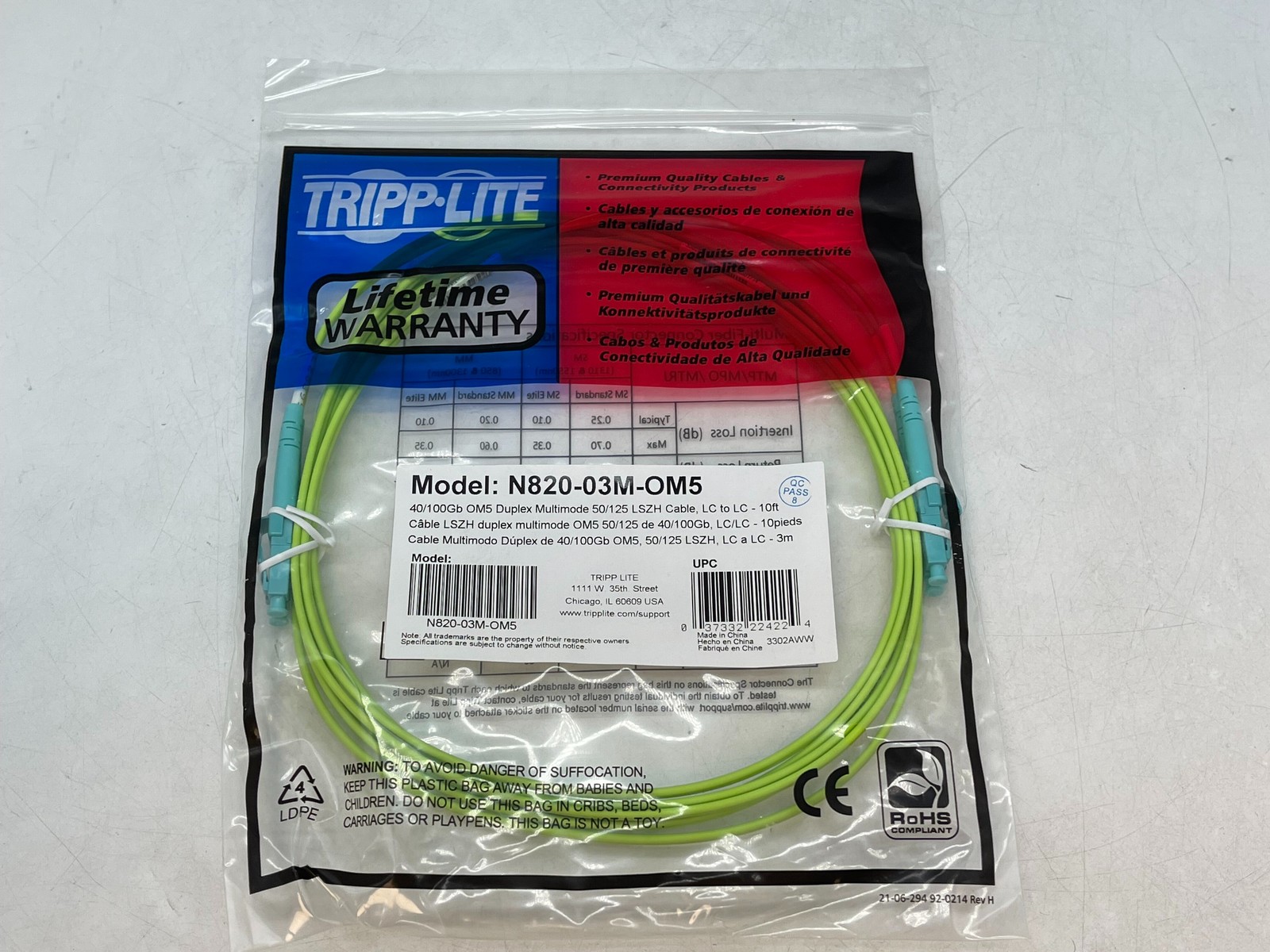 Tripp Lite 3m Duplex Multimode Fiber Patch Cable N820-03M-OM5 FREE S/H