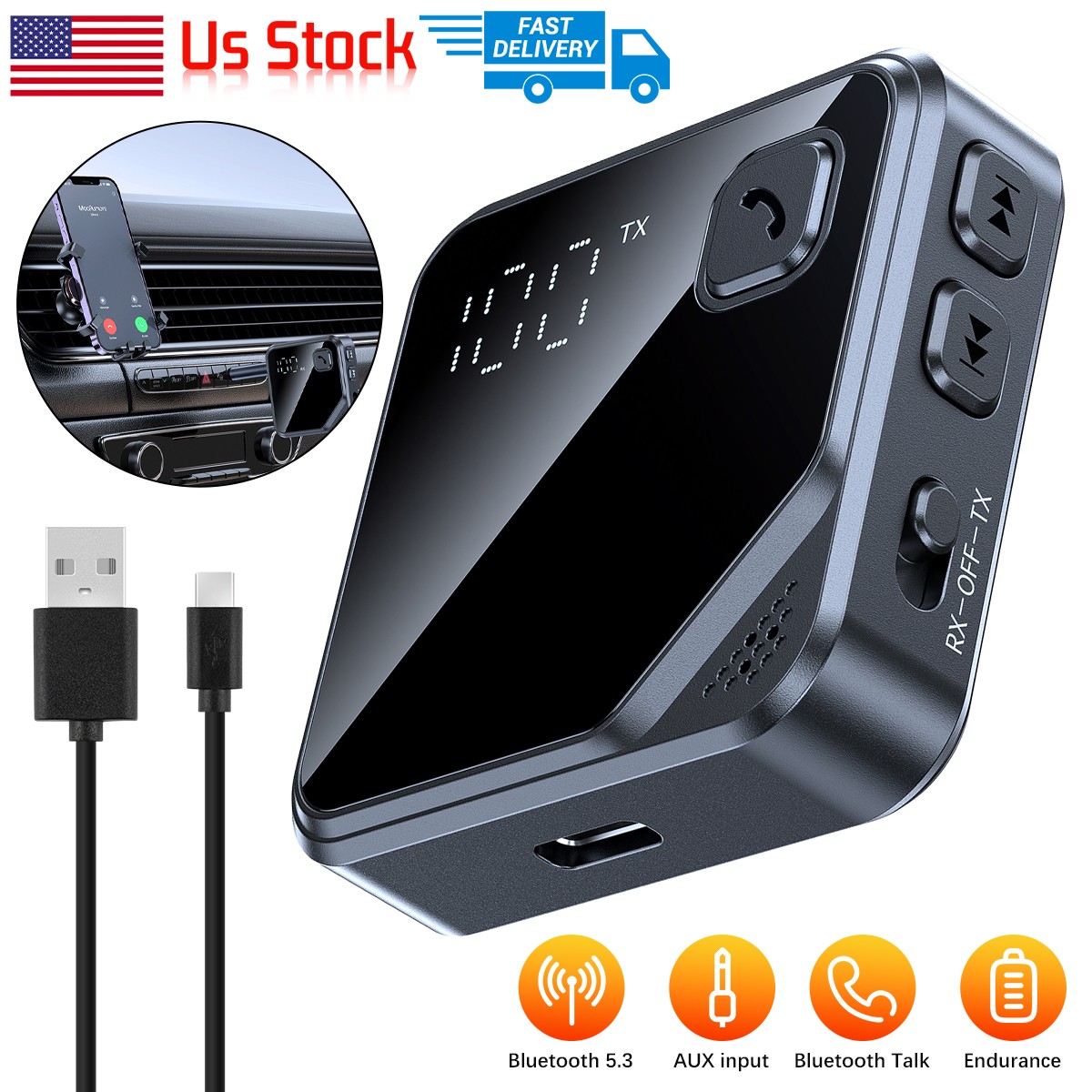 Bluetooth V5.4 Transmitter Receiver 2 IN 1 Wireless Audio 3.5mm Jack Aux Adapter