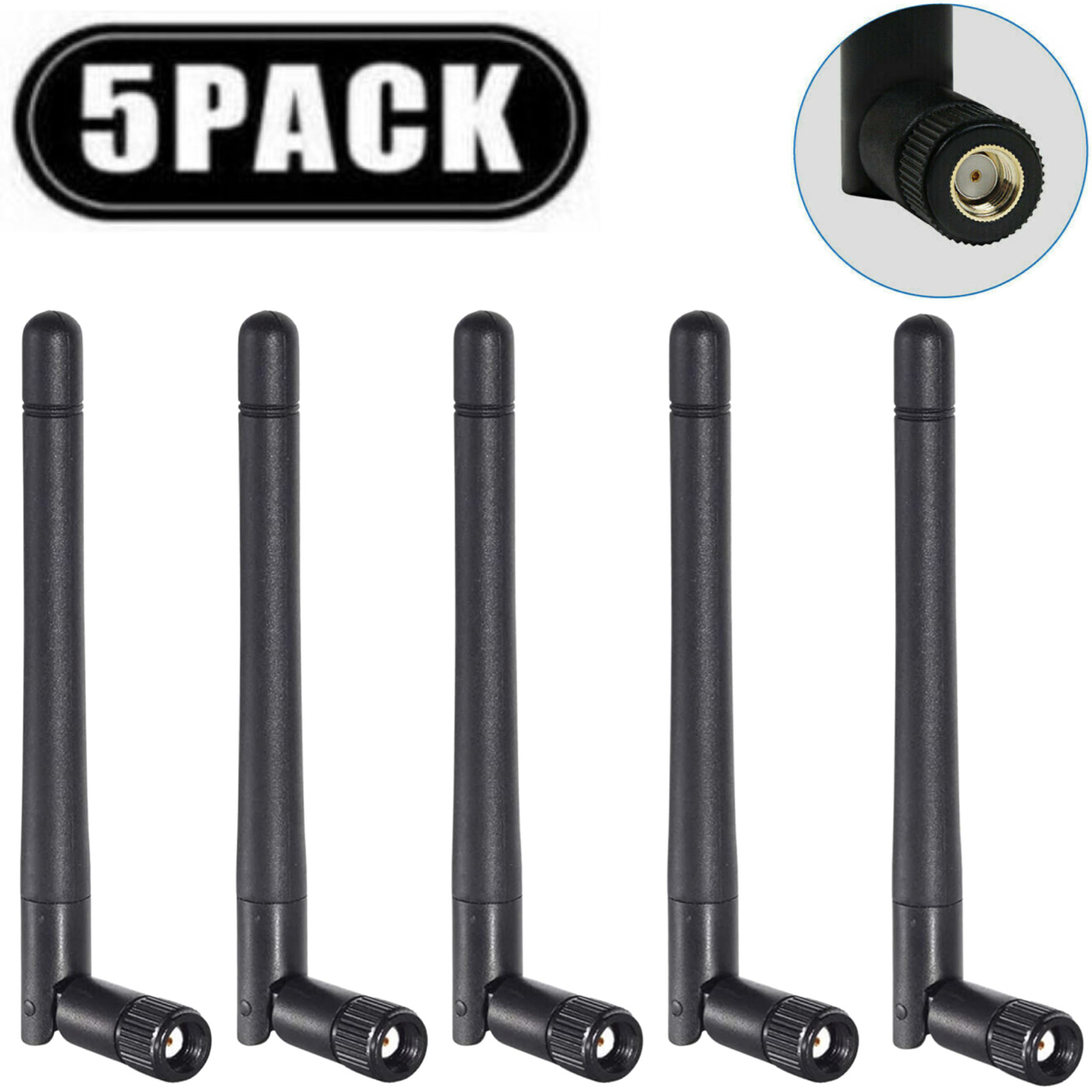 5-PACK LOT RP-SMA Antenna for WiFi 2.4GHz/5Ghz Wireless Router or Card (Black)