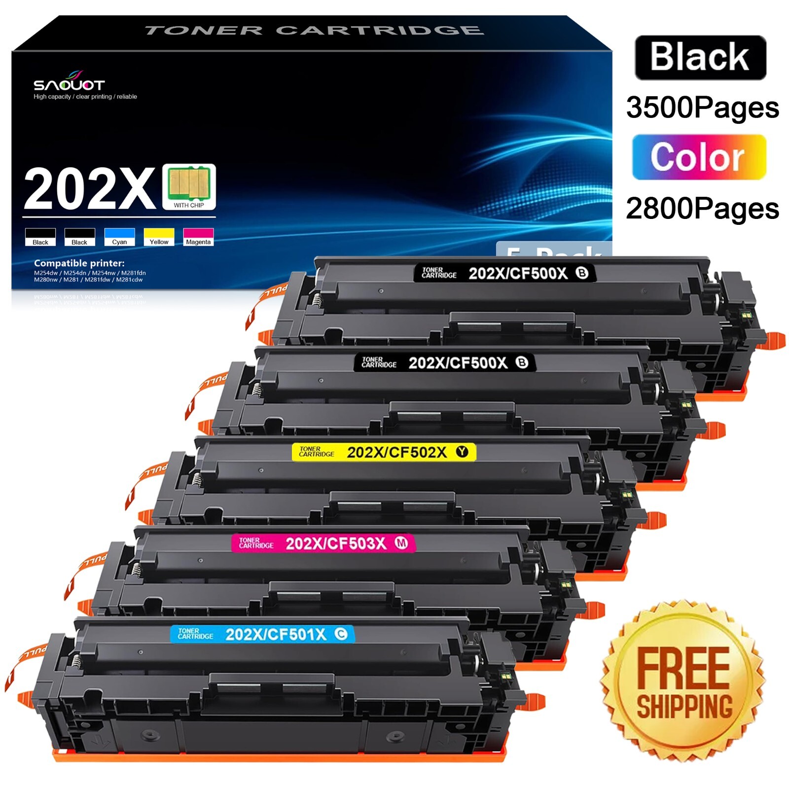 5 Pack CF500X Toner For HP 202X Color LaserJet Pro M281cdw M281fdw M254nw 202A