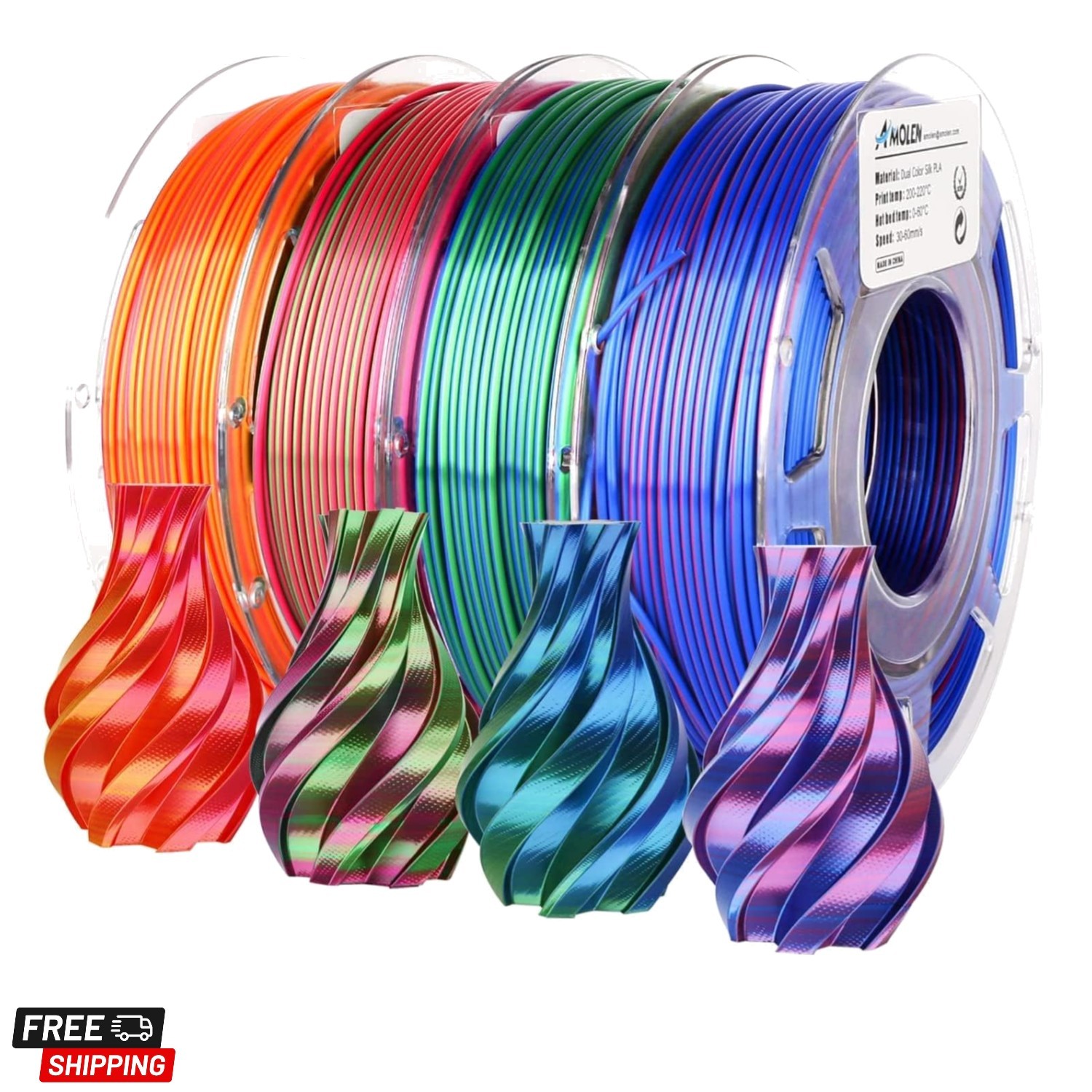 Silk PLA 3D Printer Filament Bundle, Shiny Dual Color Filament 1.75mm Pack, M...