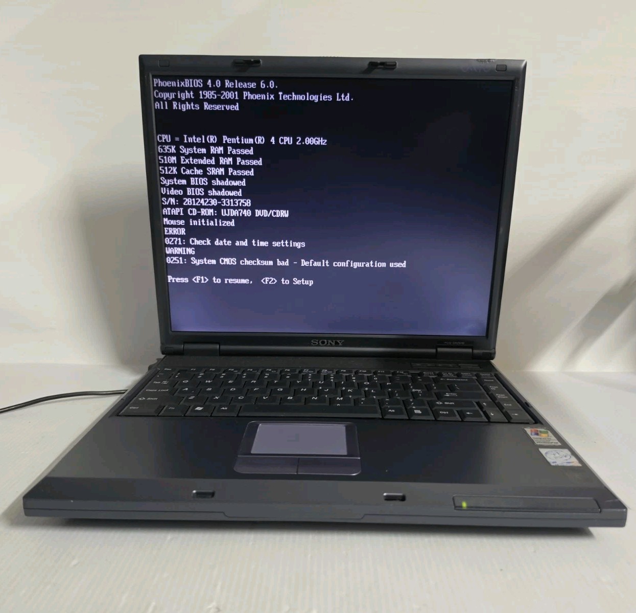 SONY VAIO PCG-GRZ610 PCG-8L3L Pentium IIII DVD Turns On