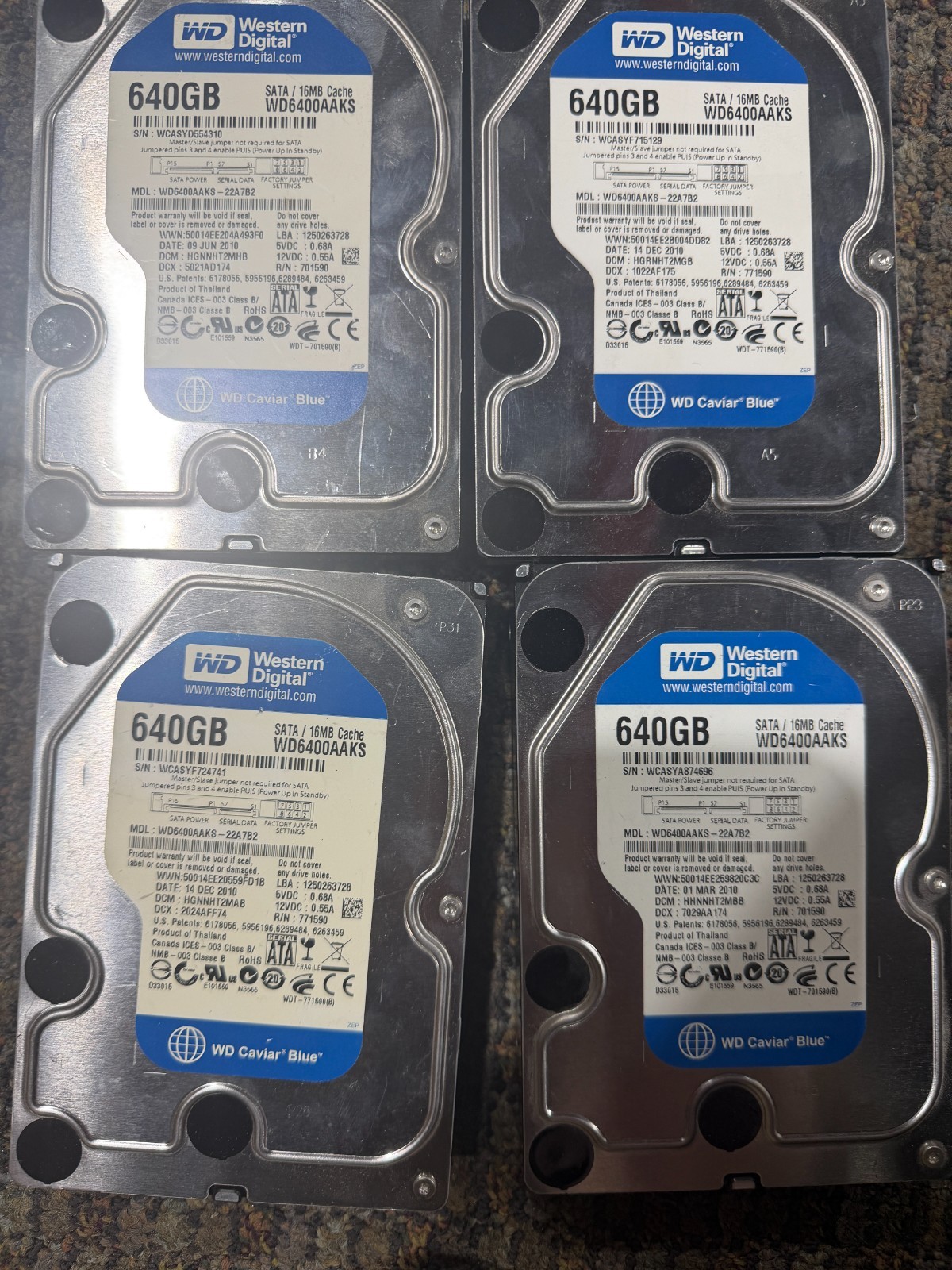 Lot of 4 640GB WD Western Digital 3.5”  desktop SATA hard drives WD6400AAKS