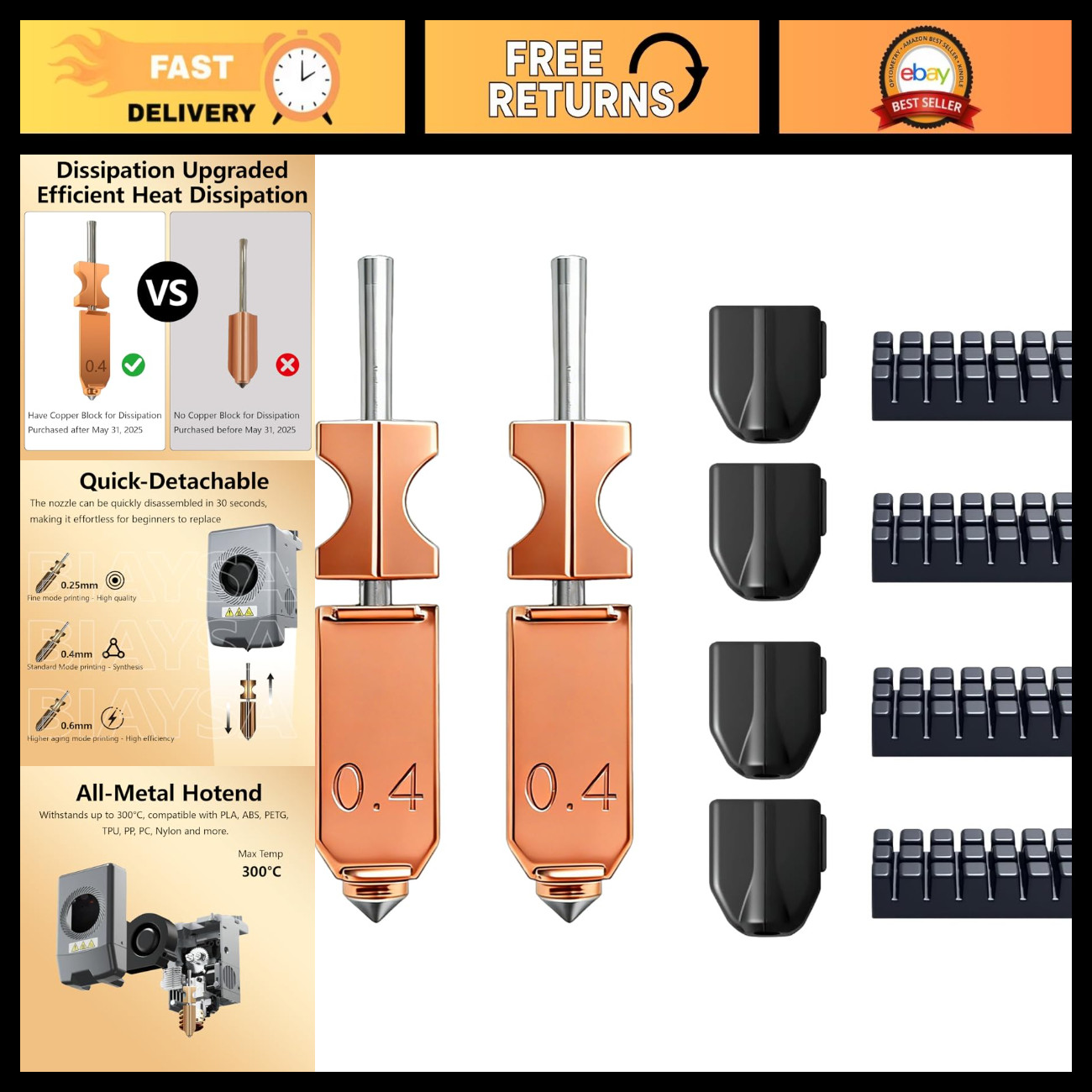 Upgraded 2PCS 0.4mm All-Metal Hotend Nozzle Kit, High-Flow Quick-Detach, 600mm/s