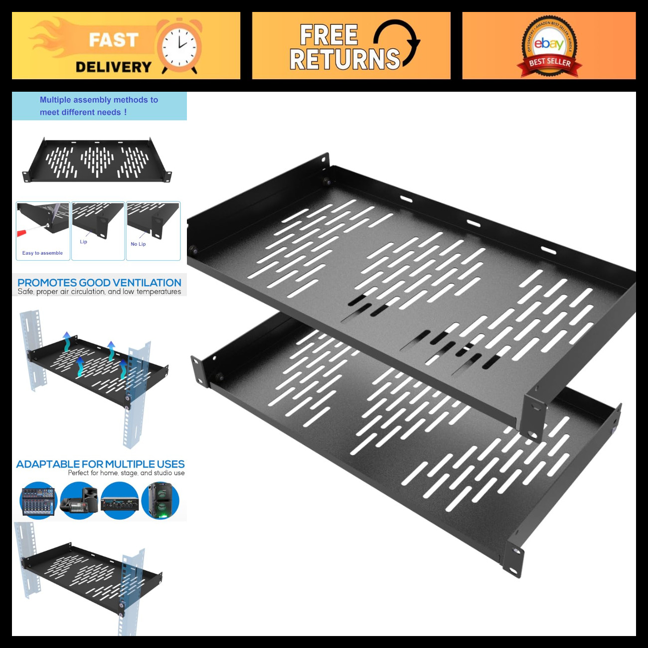 2PCS 1U Universal Server Rack Shelf, 10" Deep Vented Cantilever Tray for 19" Rac