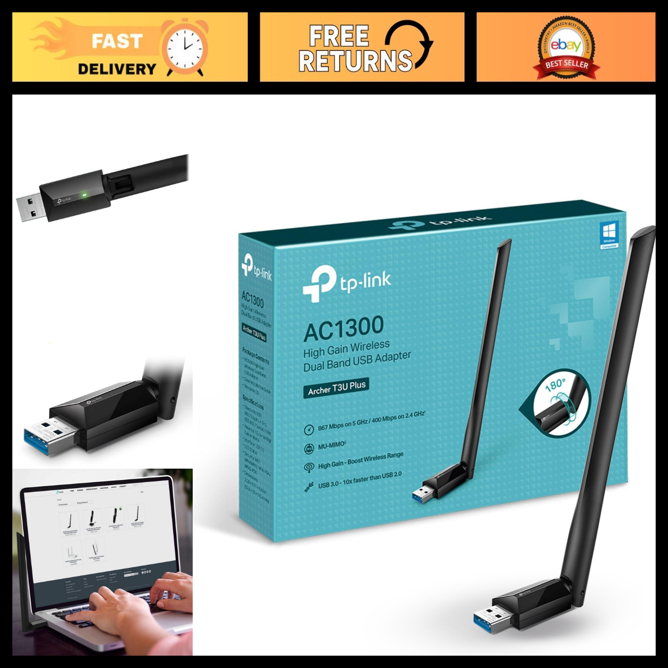AC1300 Dual Band USB WiFi Adapter for Desktop PC, High-Speed Wireless Antenna