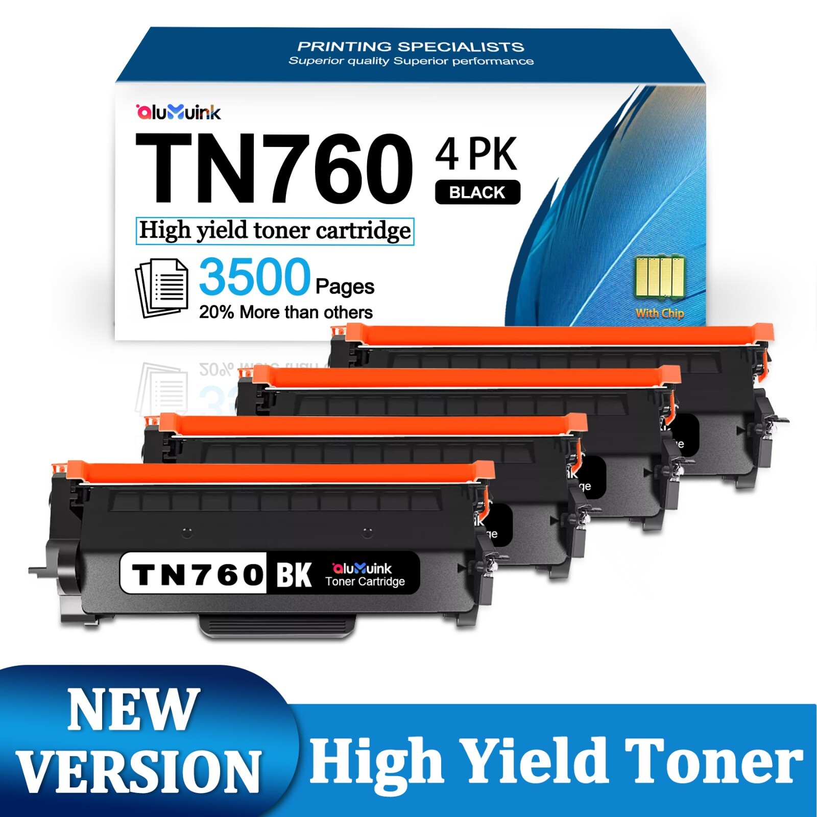 4-Pack TN760 High Yield Black Toner Cartridge, 3,500 Pages per Cartridge