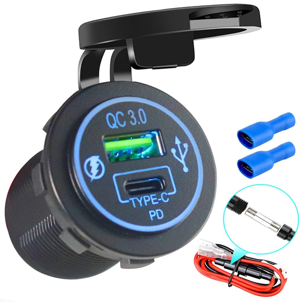 12V USB Quick Charge 3.0 Port & PD C Car Charger Socket, Blue LED