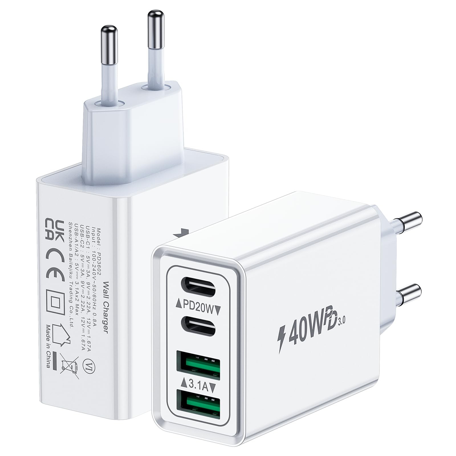 2-Pack USB C Charger, 40W 4-Port Power Adapter USBC Plug Multiple Charger with