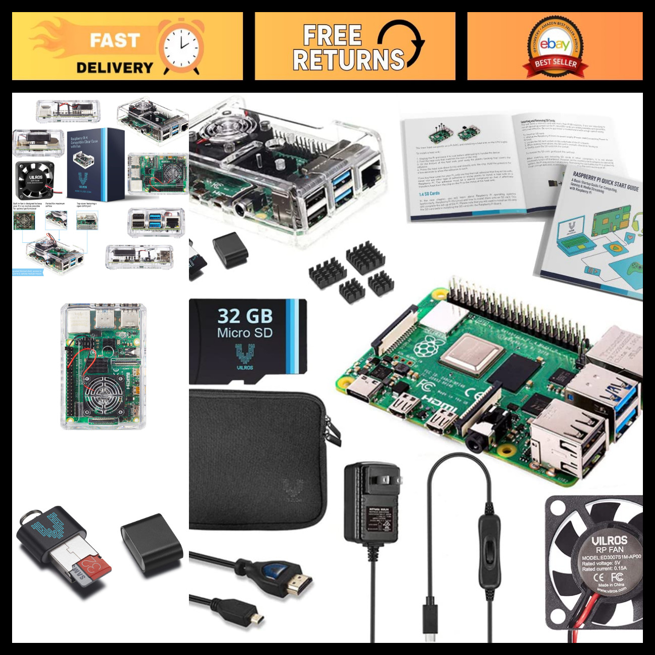 Raspberry Pi 4 Complete Starter Kit - 64GB Micro SD, Fan Cooled Case, Accessorie
