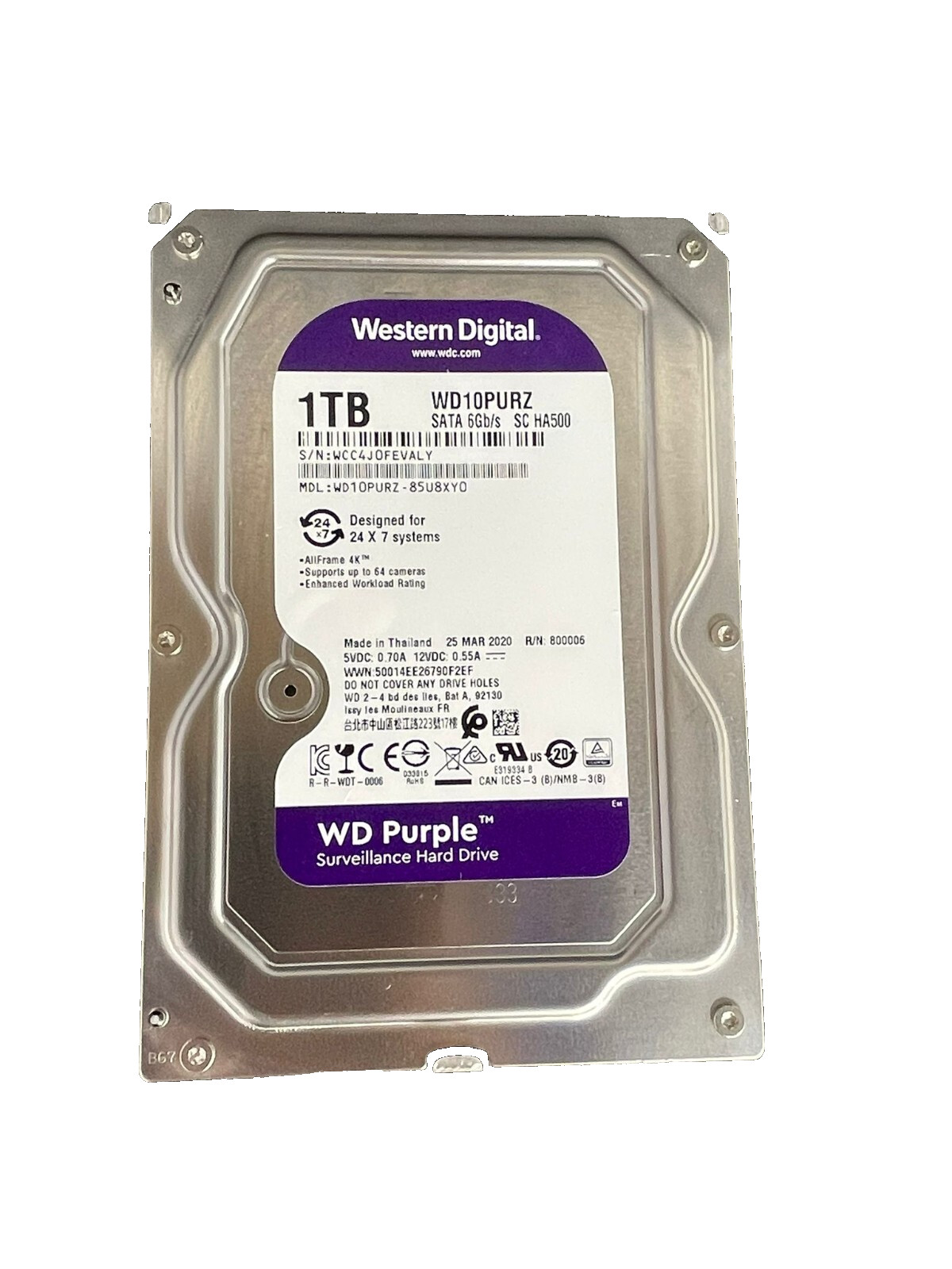 Western Digital WD10PURZ 1TB Hard Drive SATA 6 Gb/s 64MB Cache 3.5 Inch