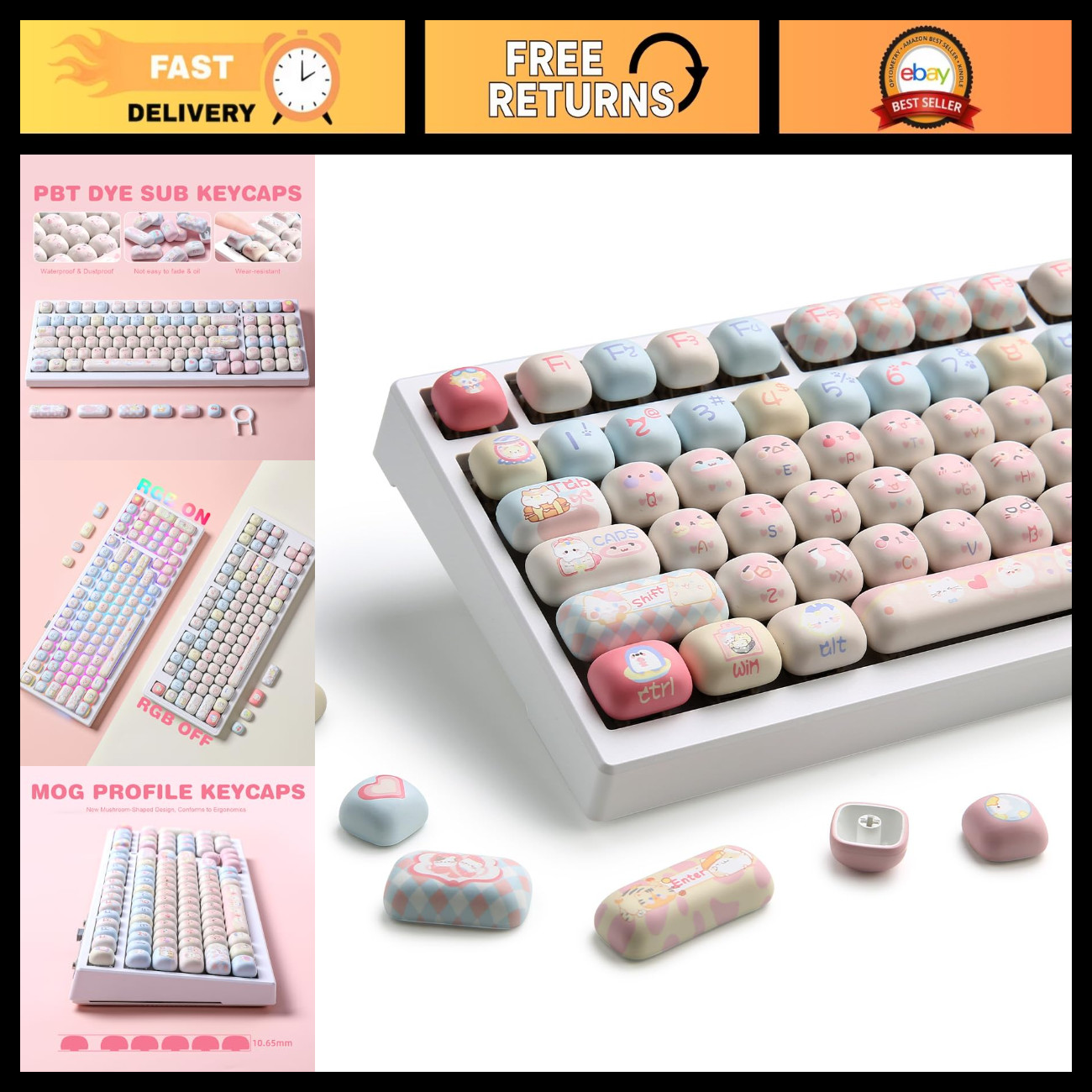 Pink Ice Cream Keycaps Set - Dye-Sub PBT, MOG Profile, Cute Pink Kitten Design