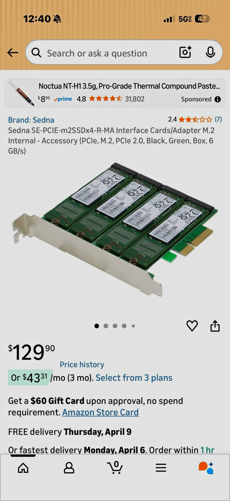 Sedna SE-PCIE-m2SSDx4-R-MA M.2 Internal PCIe Interface Card Adapter