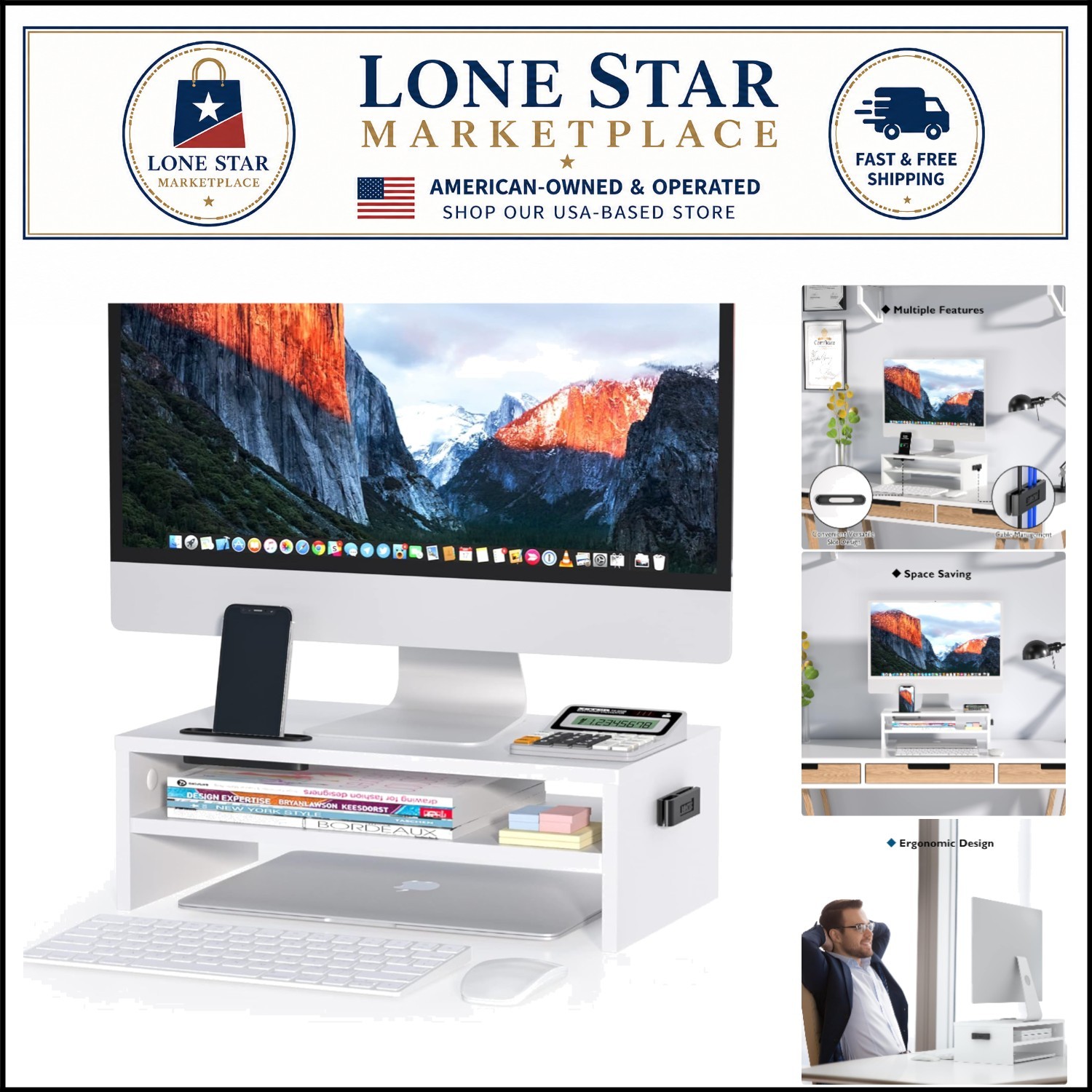 Ergonomic 2-Tier Wooden Monitor Stand Riser - 66 lbs Capacity, White, 16.5 Inch