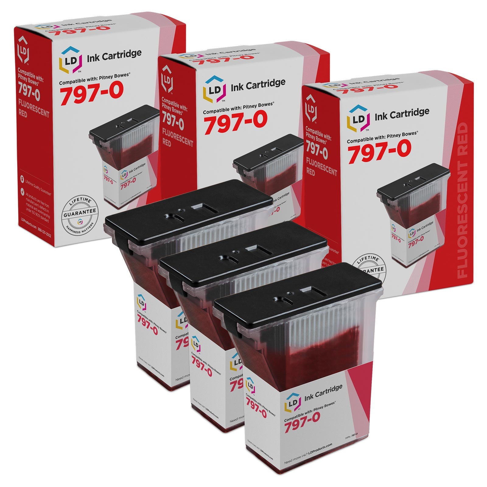 LD Compatible Pitney Bowes 797-0 3PK Fluorescent Red Ink Cartridges for K700