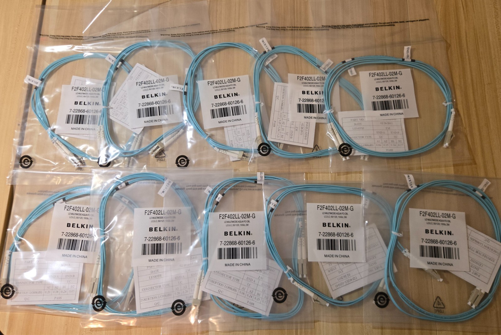 LOT OF 10 NEW Belkin 2M OM3 LC/LC Multimode Duplex Fiber Cable F2F402LL-02M-G