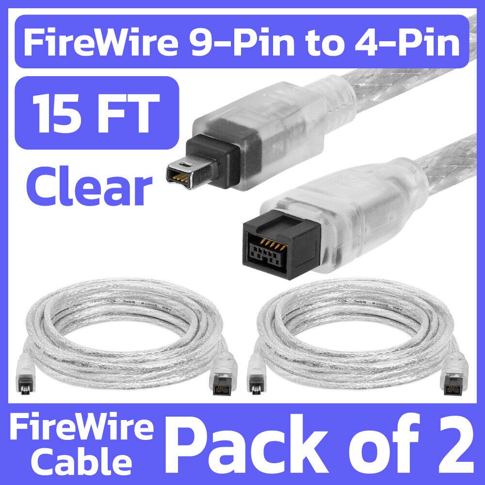 2 Pack FireWire 800 9-Pin to 400 4-Pin Cable 15ft IEEE1394b/1394a Cord Adapter