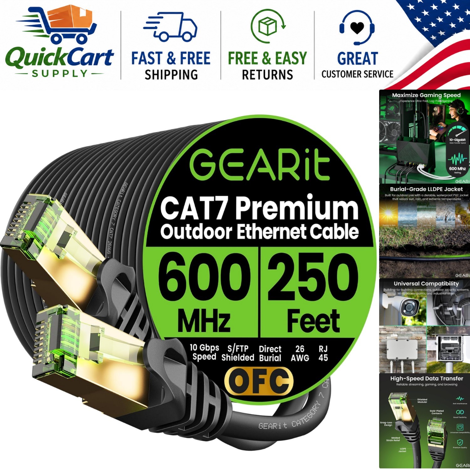 250ft Cat7 Shielded Ethernet Cable - Waterproof, UV Resistant & Direct Burial