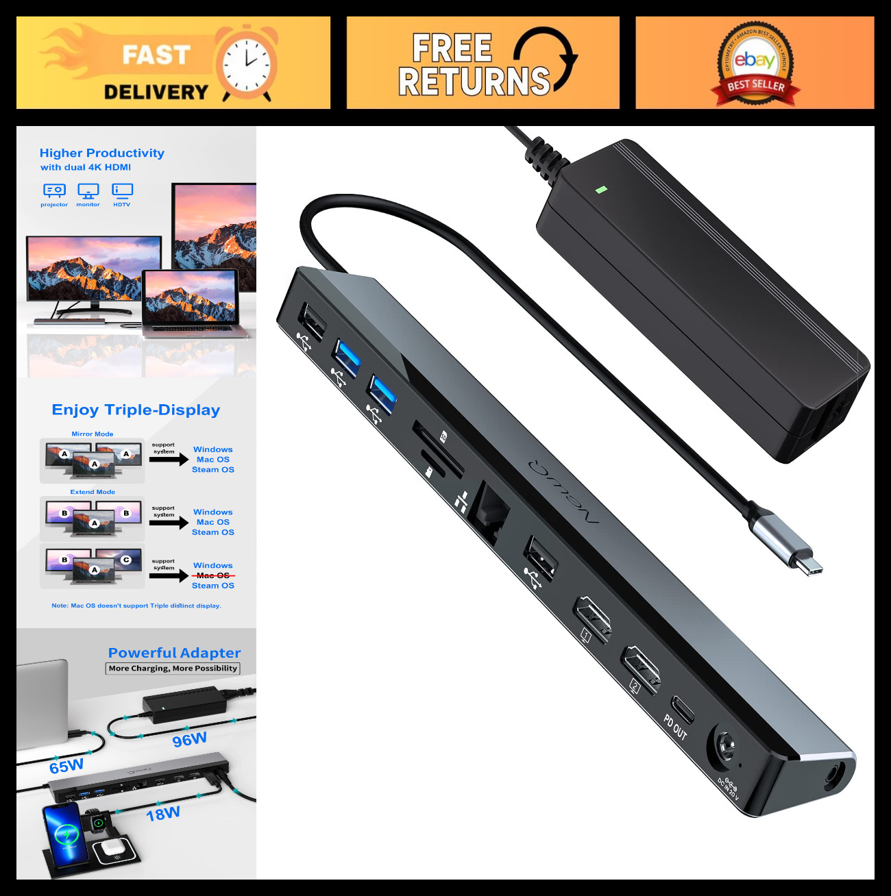 12-in-1 USB C Docking Station Dual Monitor, 4K HDMI, 4 USB, Ethernet, SD/TF Slot