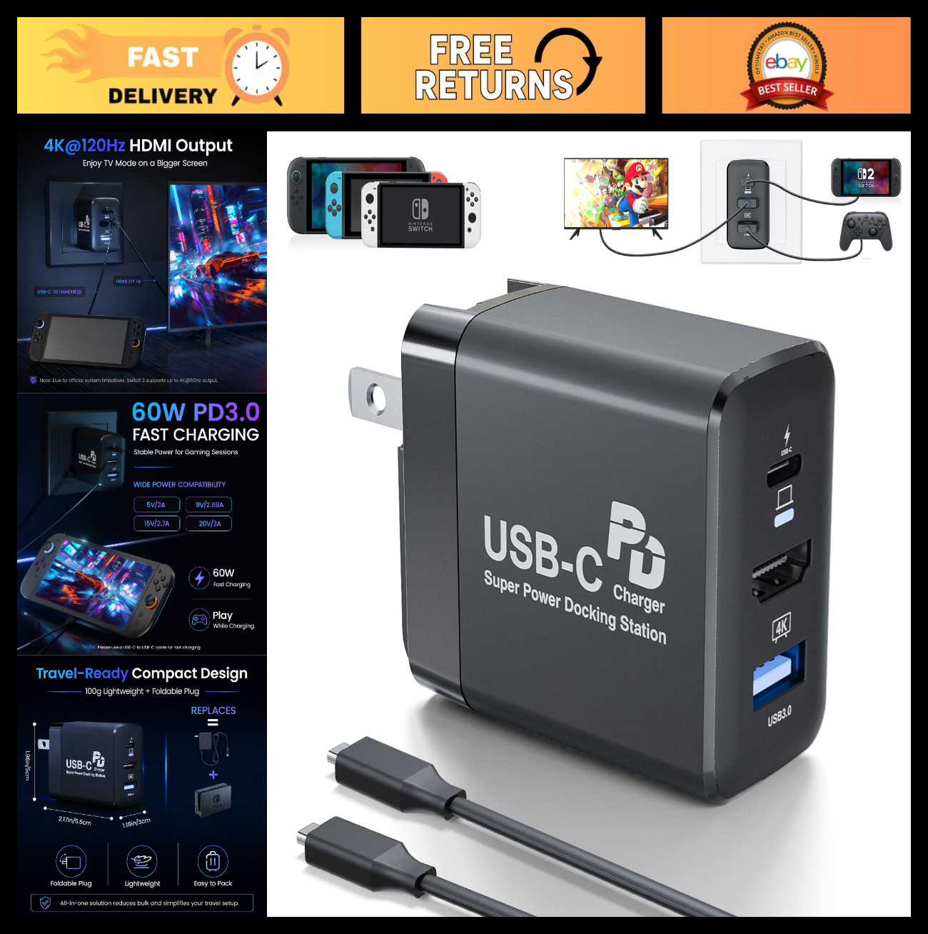 4K HDMI Docking Station for Nintendo Switch 2/1/OLED, Steam Deck, 60W PD Fast Ch