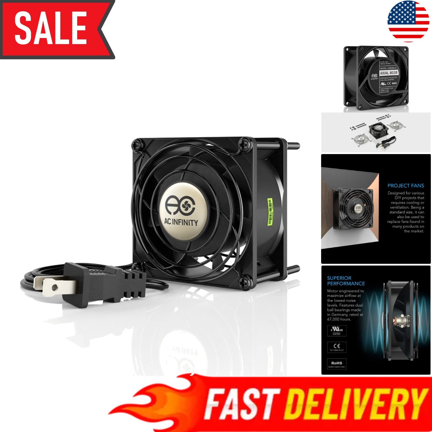 Compact AXIAL 8038 Muffin Fan - 120V AC, 23 CFM Airflow for Efficient Cooling