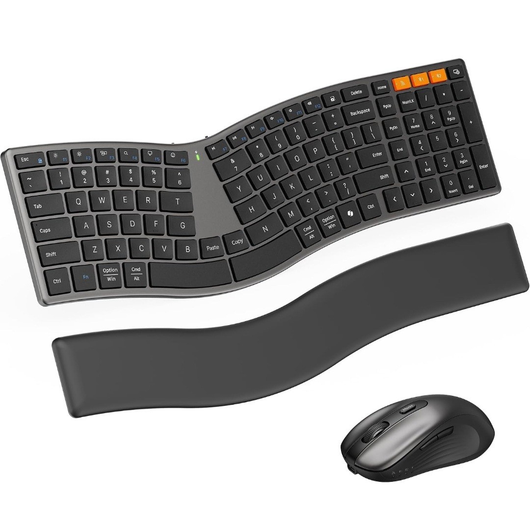 MEETION Slim Ergonomic Keyboard and Mouse with Separate Wrist Rest, Black Rechar