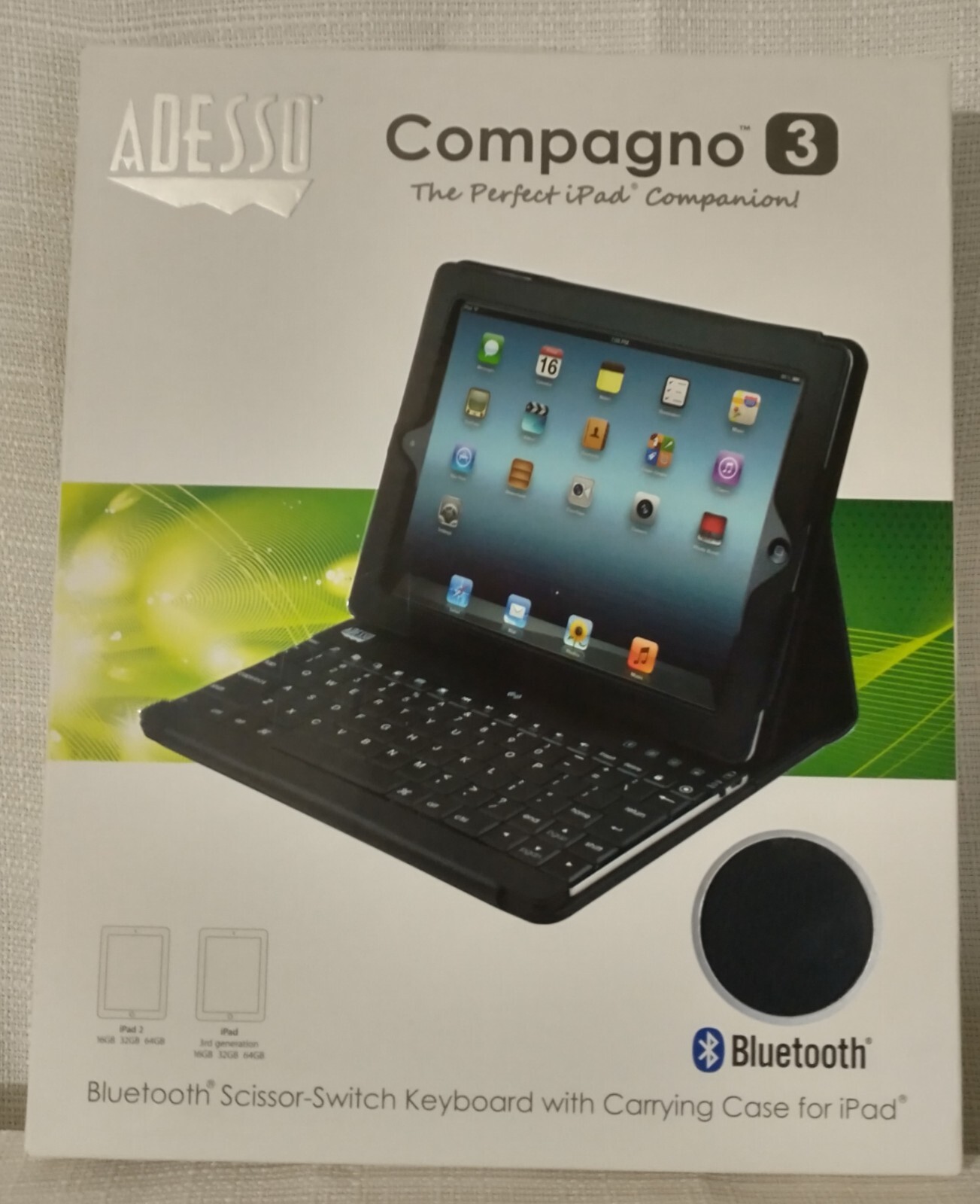 Adesso Compagno 3 Bluetooth Scissor-Switch Keyboard w/Carrying Case for iPad NIB