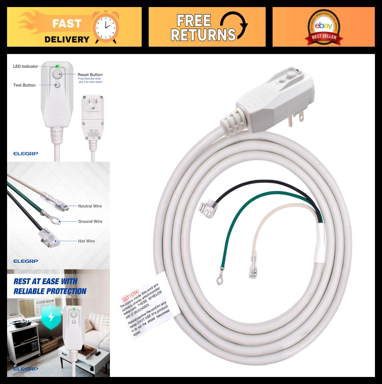 14AWG LCDI Power Cord for A/C Air Conditioner, 7.5FT UL Certified, 120V 15A