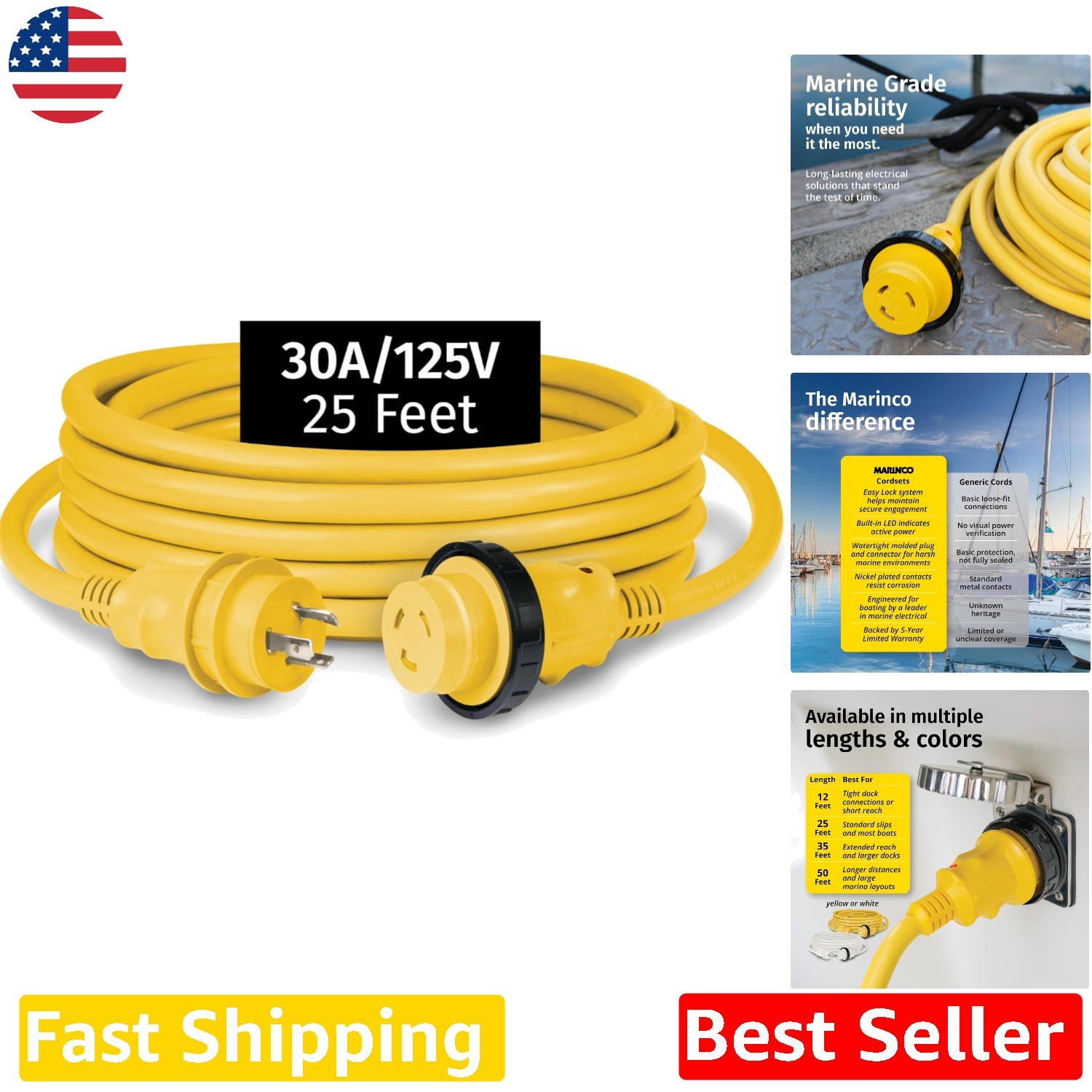 Heavy Duty 30 Amp 125 Volt RV Power Cord 25ft - Weatherproof, Marine Grade Cable