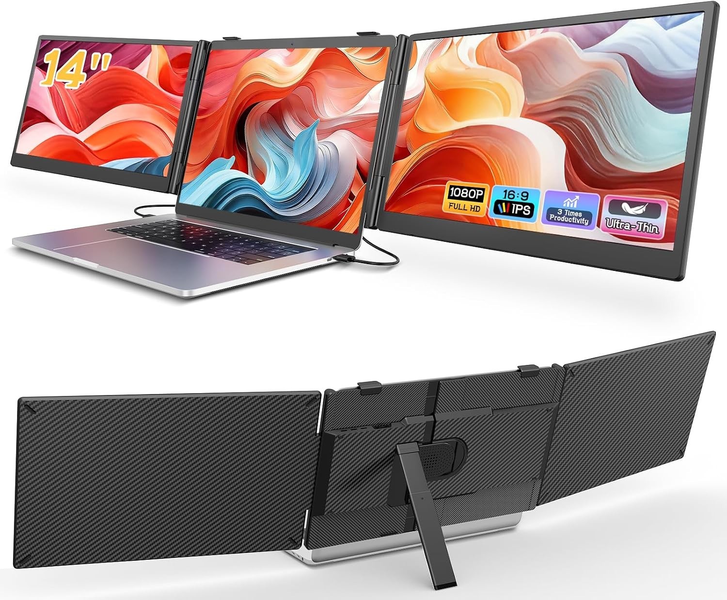 Laptop Screen Extender, 14'' FHD 1080P Ultra-Slim Triple Portable Monitor for La