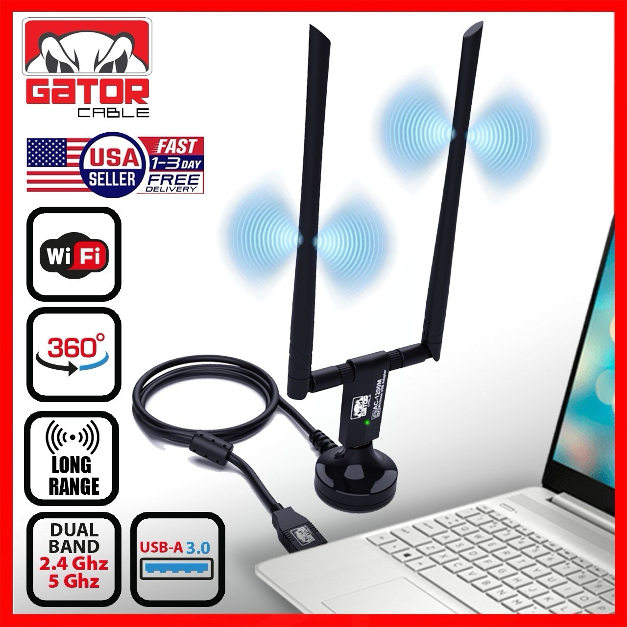 USB 3.0 WiFi Adapter 1200Mbps Dual Band Wireless Network Antenna Long Range