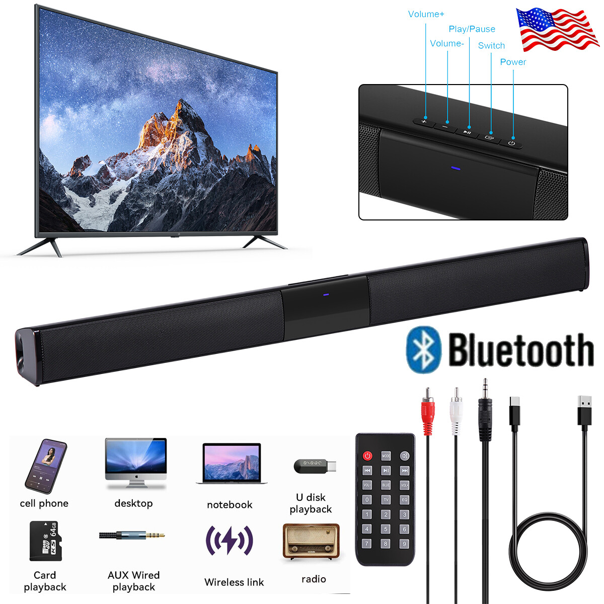 Wireless Surround Sound Bar System BT Subwoofer 4 Speaker TV Home Theater Remote
