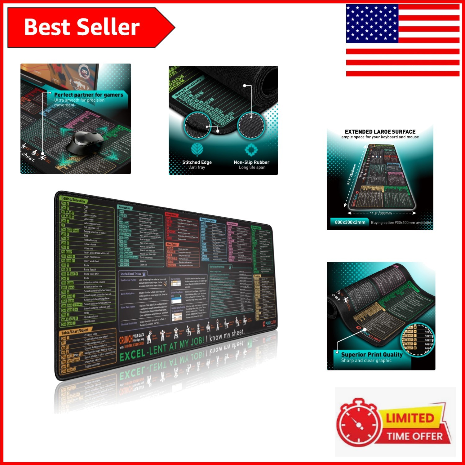 Excel Shortcut Keys Mouse Pad - Extended 31.5" x 11.8" for Efficient Work & Play