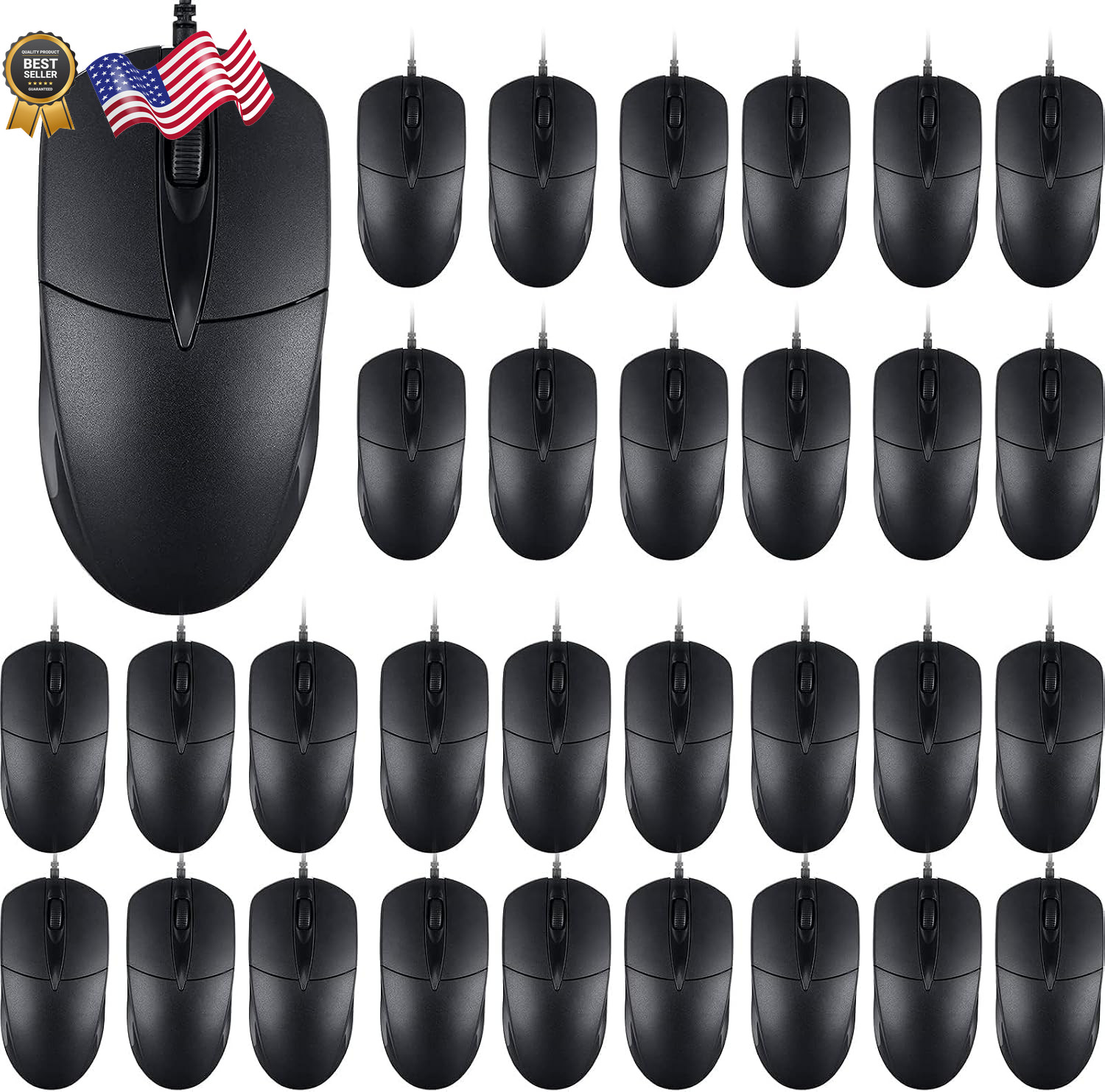 100 PCS Black Wired USB Computer Mouse Bulk - 1000 DPI 3 Button Corded