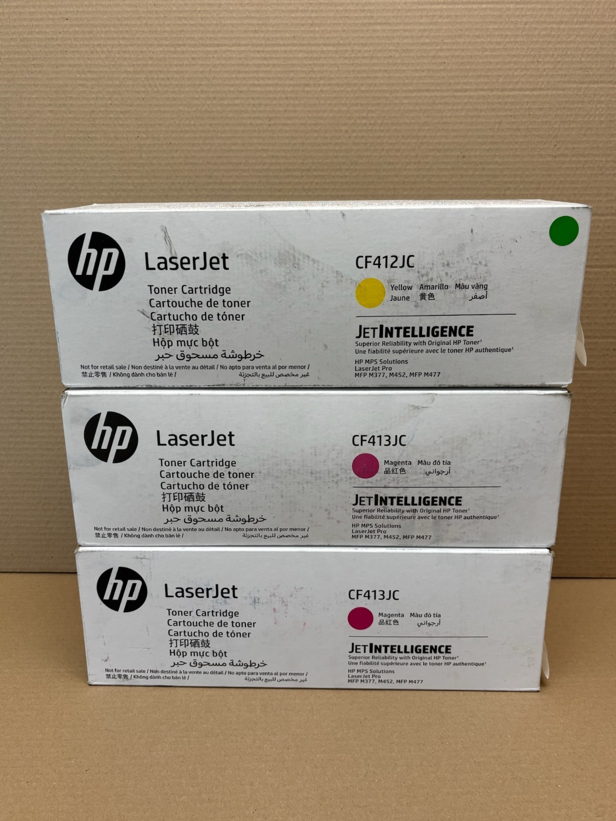 3 New Genuine HP 410 M377, M452, M477 Magenta & Yellow Toners CF412JC, CF413JC