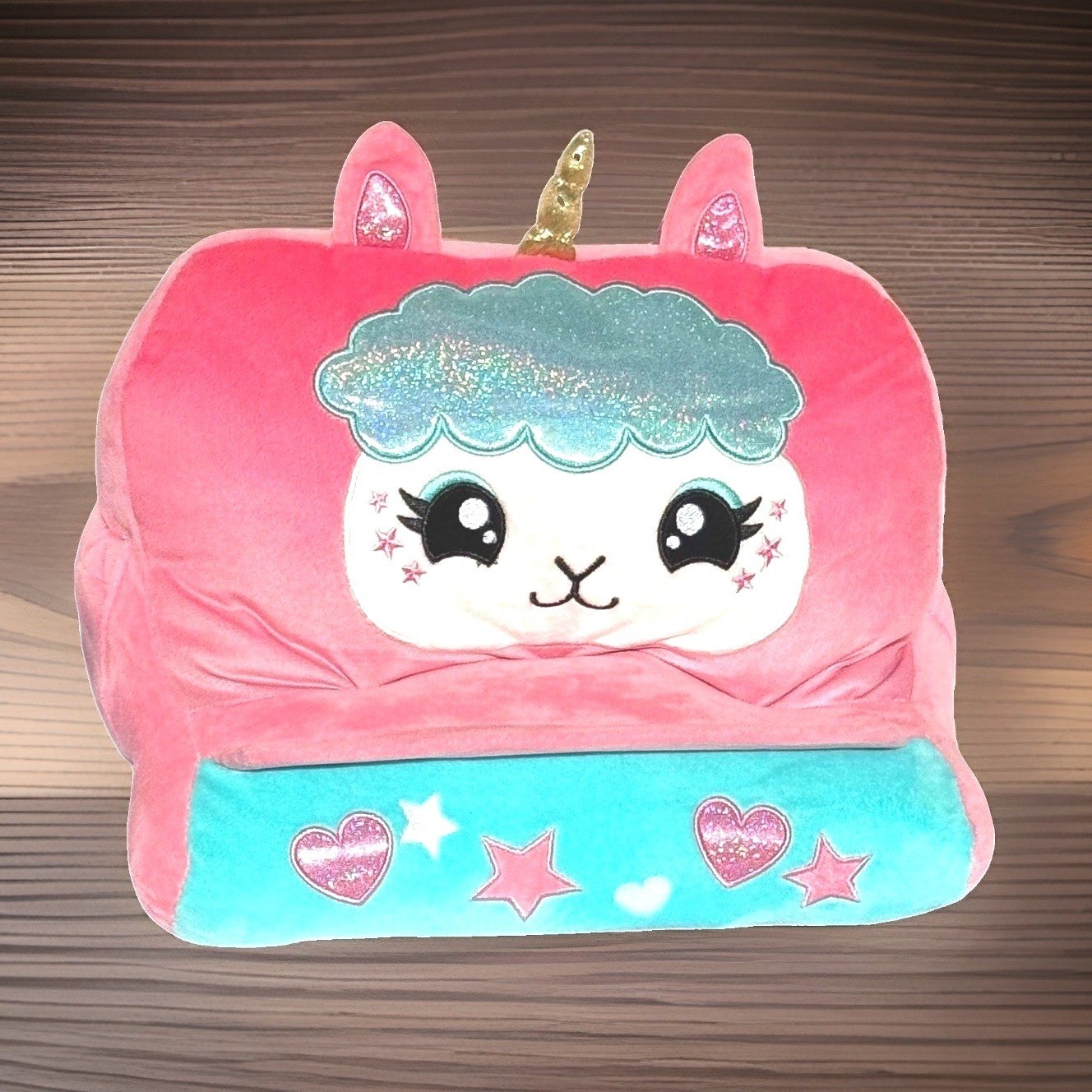 Bee Happy Llama Unicorn Plush Tablet Holder Kids Pink Soft Stand Travel