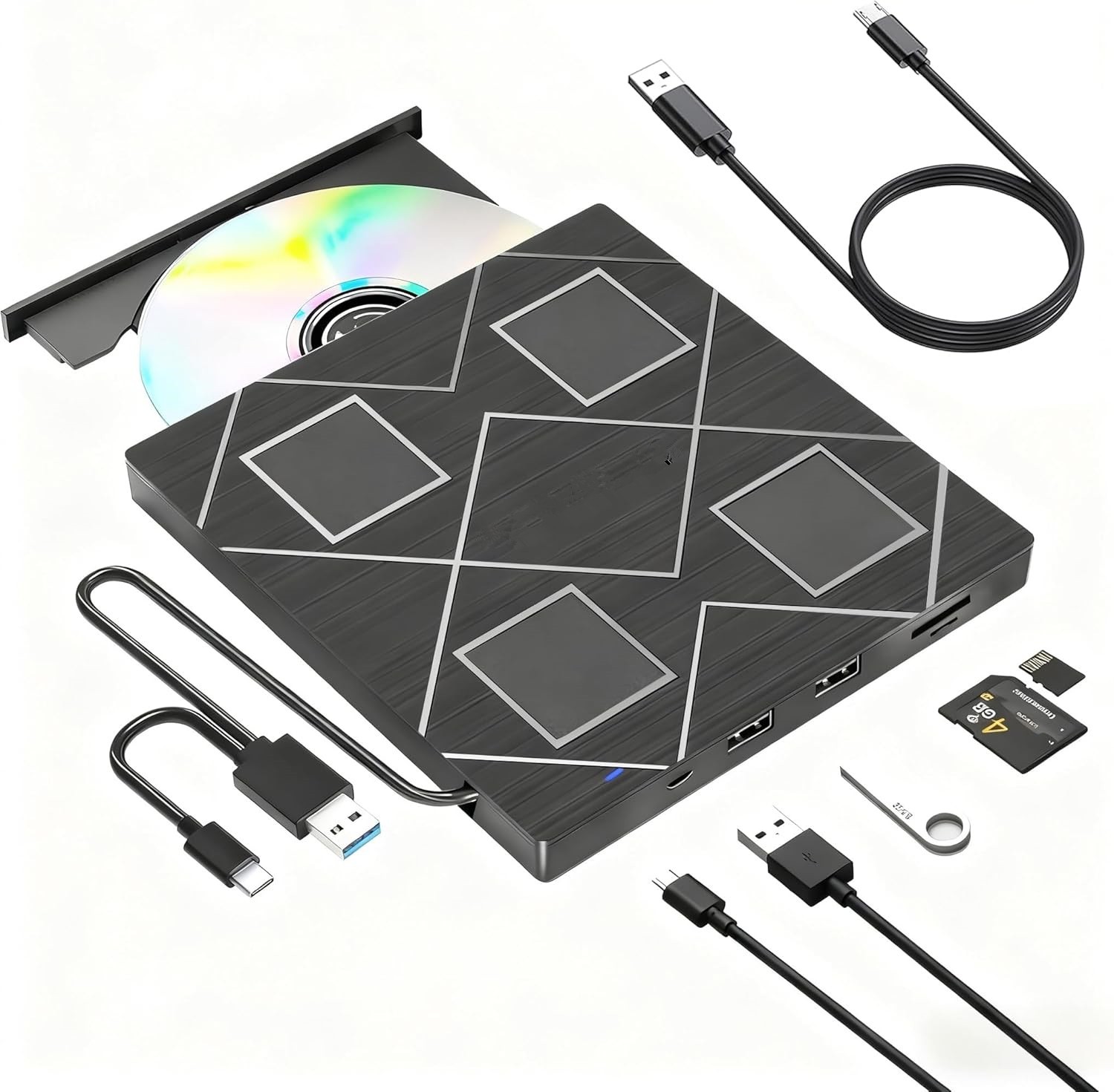 5-in-1 Extemal CD/DVD Drive for Laptop,USB 3.0 & Type-C Portable CD/DvD Rw Burne