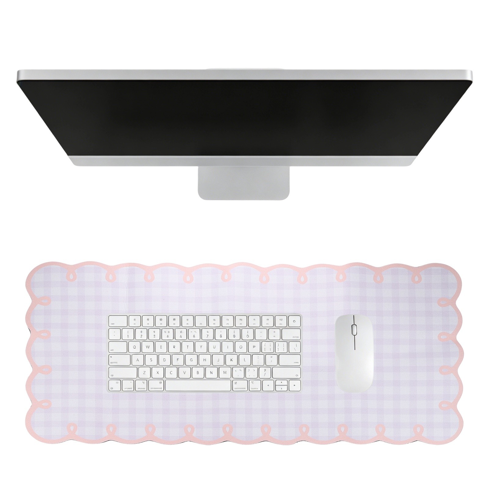 Scalloped Desk Mat, 31.5 x 15.7" Checkered Large Mouse Pad, Light Pink-Orange