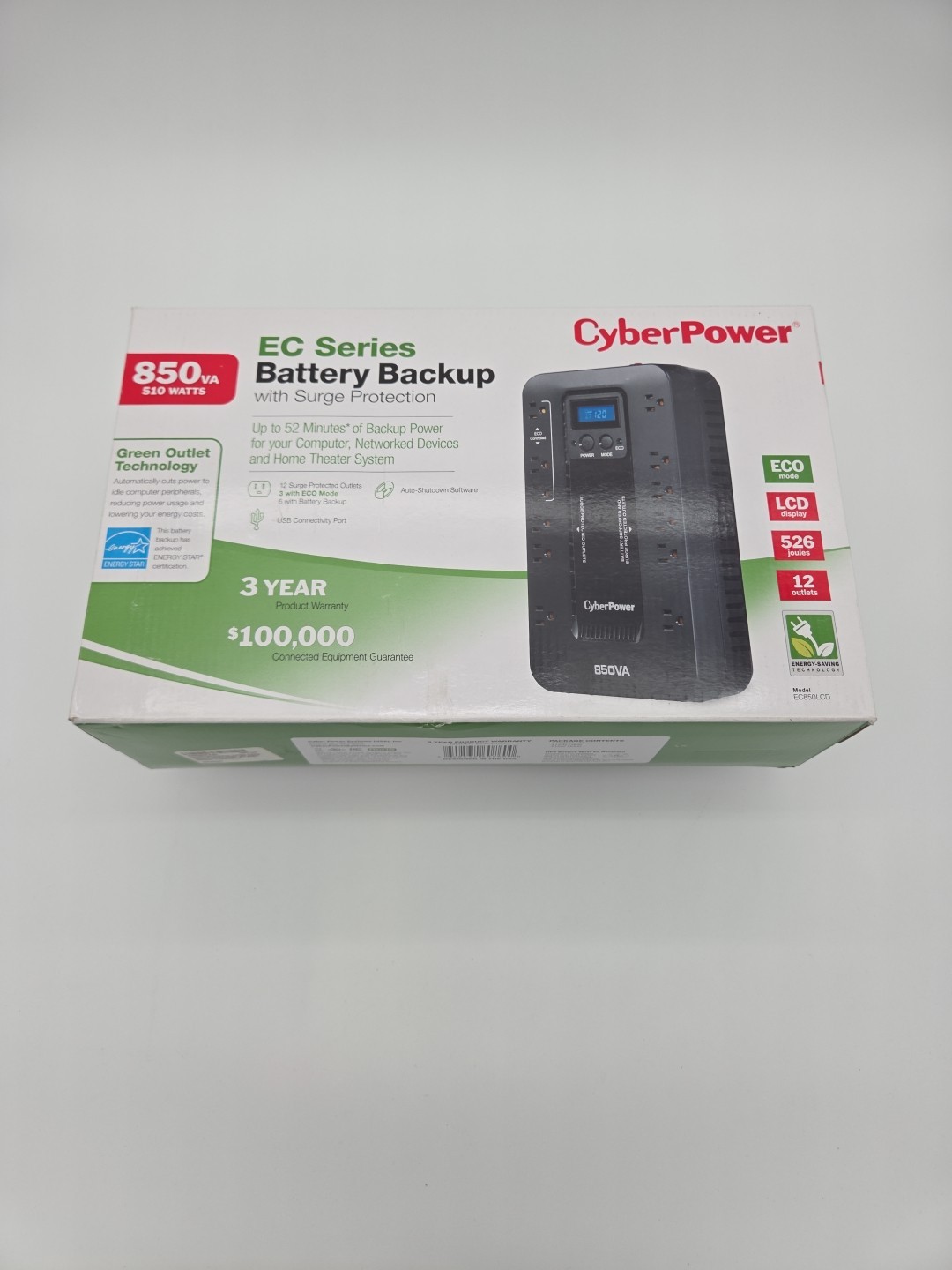 Cyberpower EC850LCD Ecologic UPS Battery Backup and Surge Protector, 850VA/510W