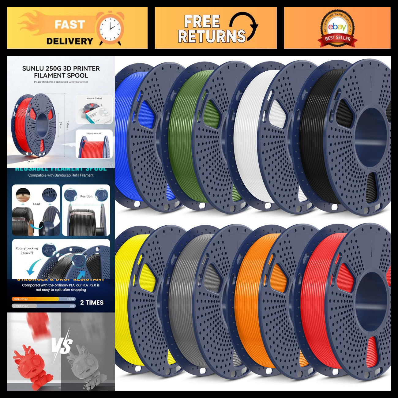 Multicolor 3D Printer Filament Bundle, PLA+ 2.0, 8 Vibrant Colors, High Quality