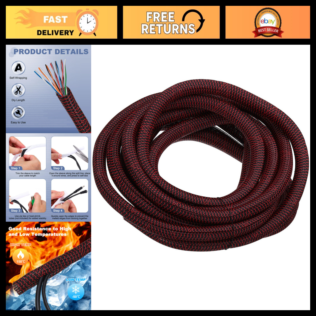 3/4" Split Sleeve Wire Loom Braided Cable Protector 25Ft Black Red Flex Tubing