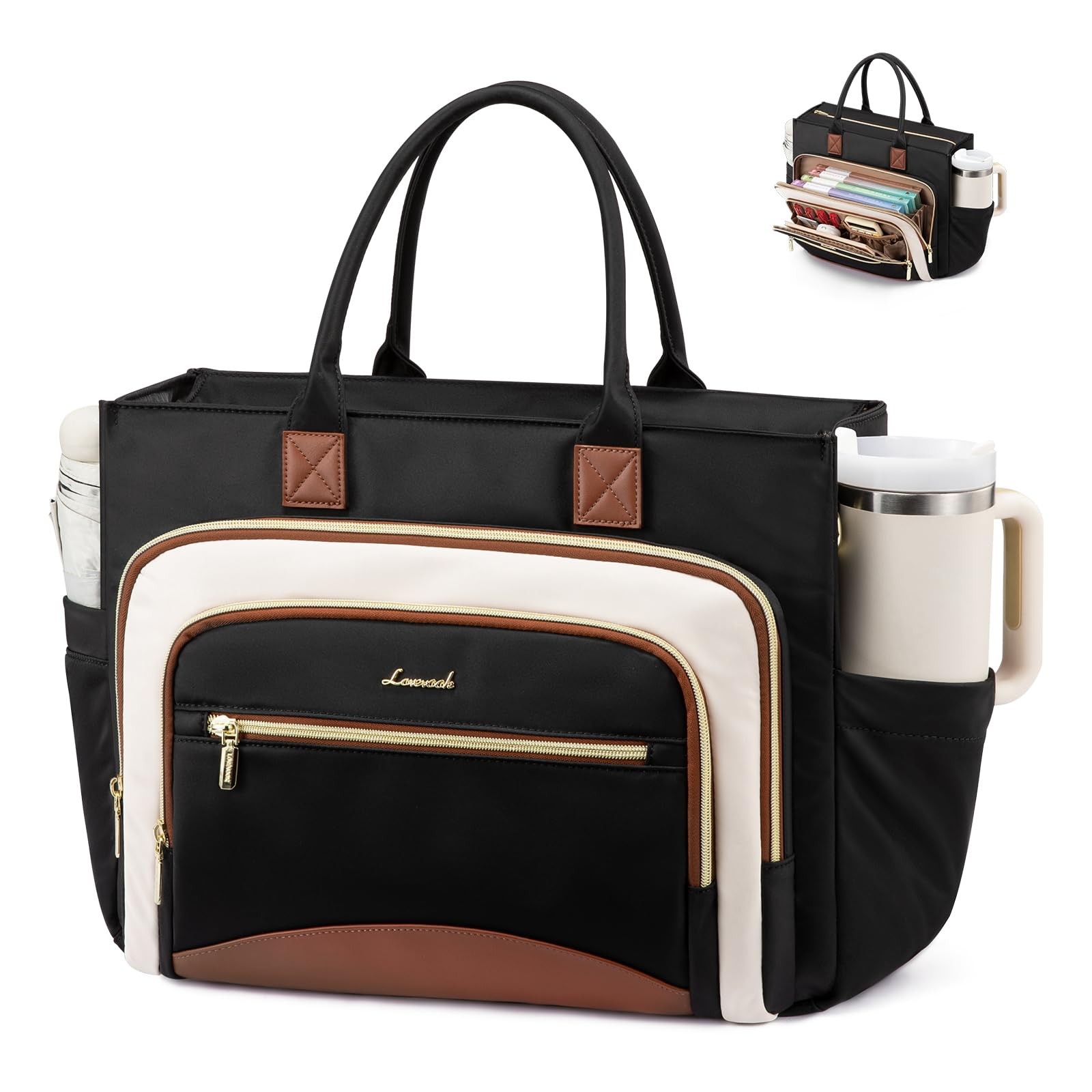 LOVEVOOK Work Tote Bags for Women,Laptop 15.6 inch, Black-white-brown 